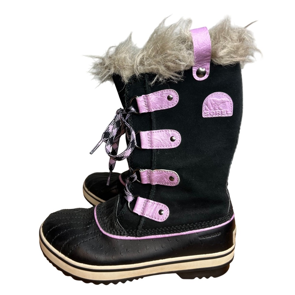 Sorel Kids Black and Pink Winter Boots with Faux Fur Trim